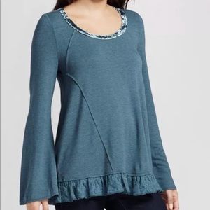 KNOX ROSE Slate Blue Sweater Bell Sleeve Lace Trim